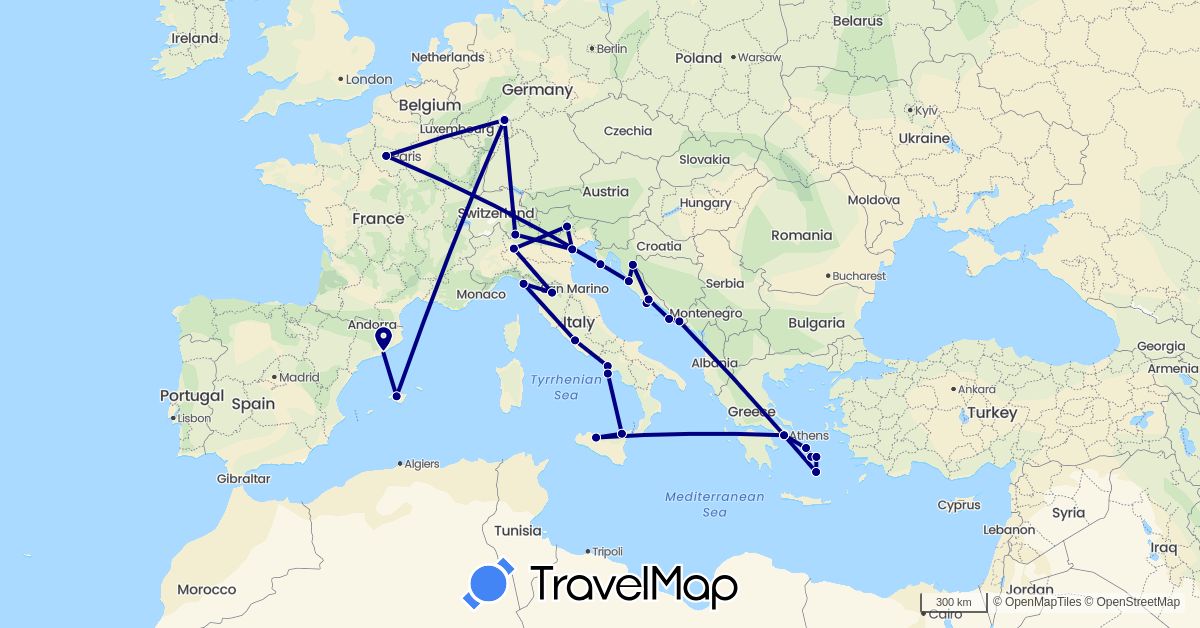TravelMap itinerary: driving in Germany, Spain, France, Greece, Croatia, Italy (Europe)